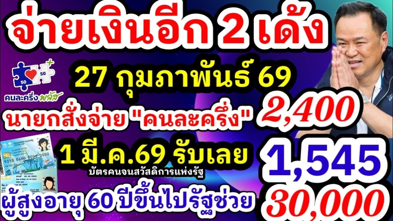 จ่ายเงินประกาศโอน 2 กลุ่ม 2 เด้งรอบสุดท้าย 27 กุมภาพันธ์ 69 เงินเด็ก คนละครึ่งรับ 2,000 จ่ายต่อเนื่อ