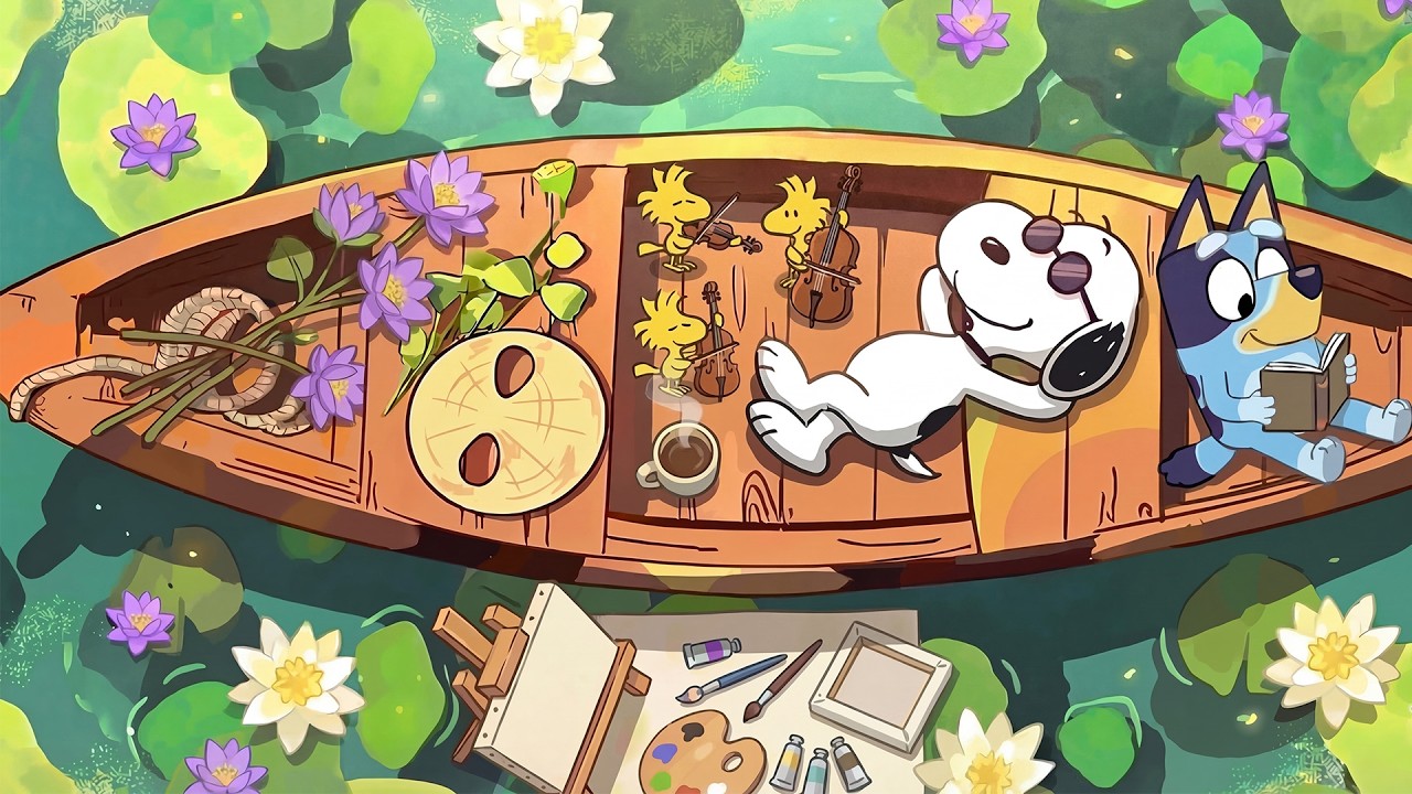 Stitch, Bluey & Snoopy Classroom on Old Boat by the Lotus Pond 📚 Chill Lofi Beats for Study & Relax