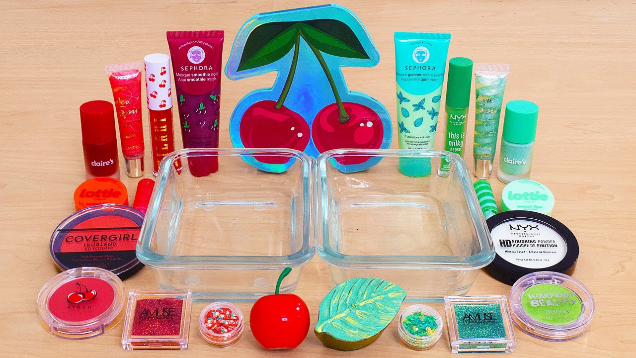 Red Cherry vs Green - Mixing Makeup Eyeshadow Into Slime ASMR