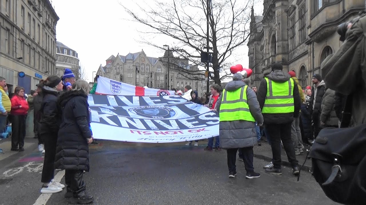 Sheffield United city centre town hall to Bramall Lane march/tribute for murdered Harvey Wildgoose.