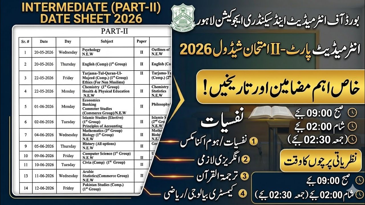 12 class Date sheet 2026 | BISE Lahore 12th Class Date Sheet 2026 | PBCC Official Dates