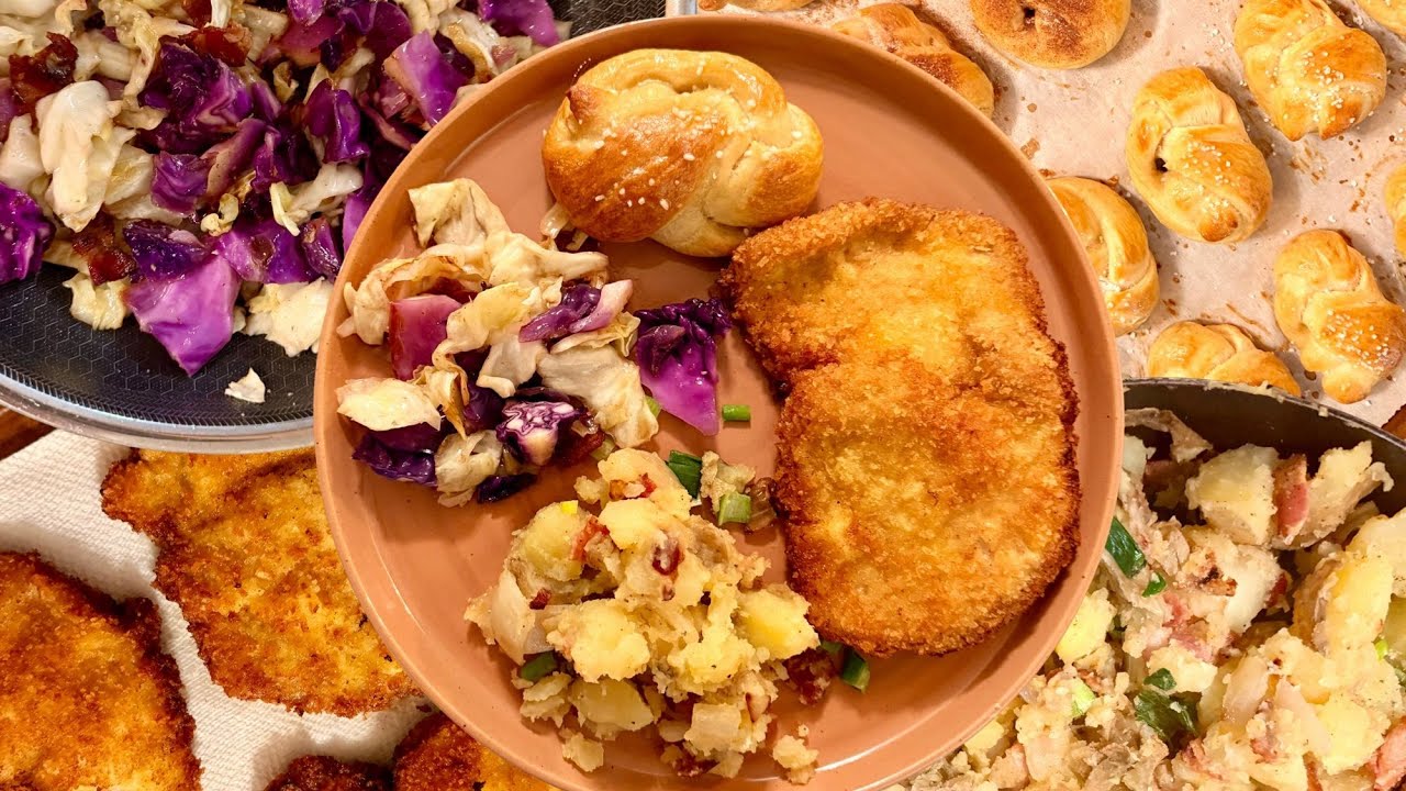 Authentic German Schnitzel Dinner: Crispy Schnitzel, Cabbage & Homemade Pretzels Recipe