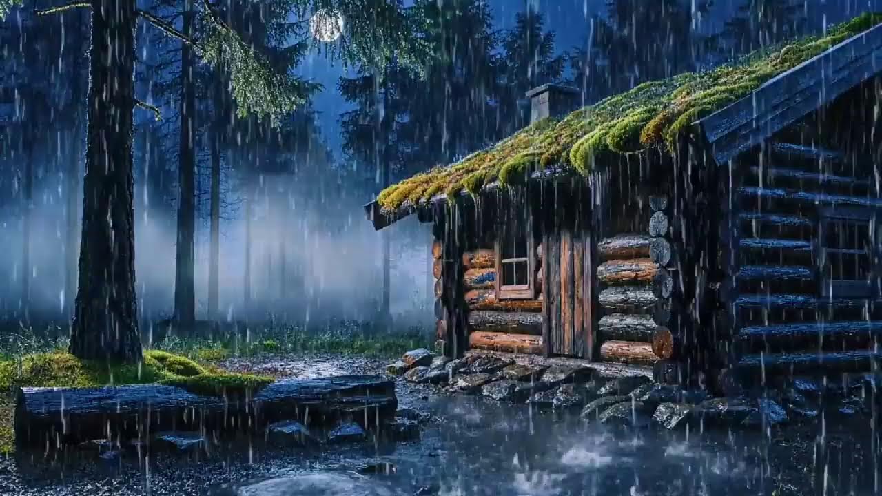 Rainy Night at a Forest Cabin Under the Moon 🌧️🌙 Cozy Sleep & Relaxation Ambience
