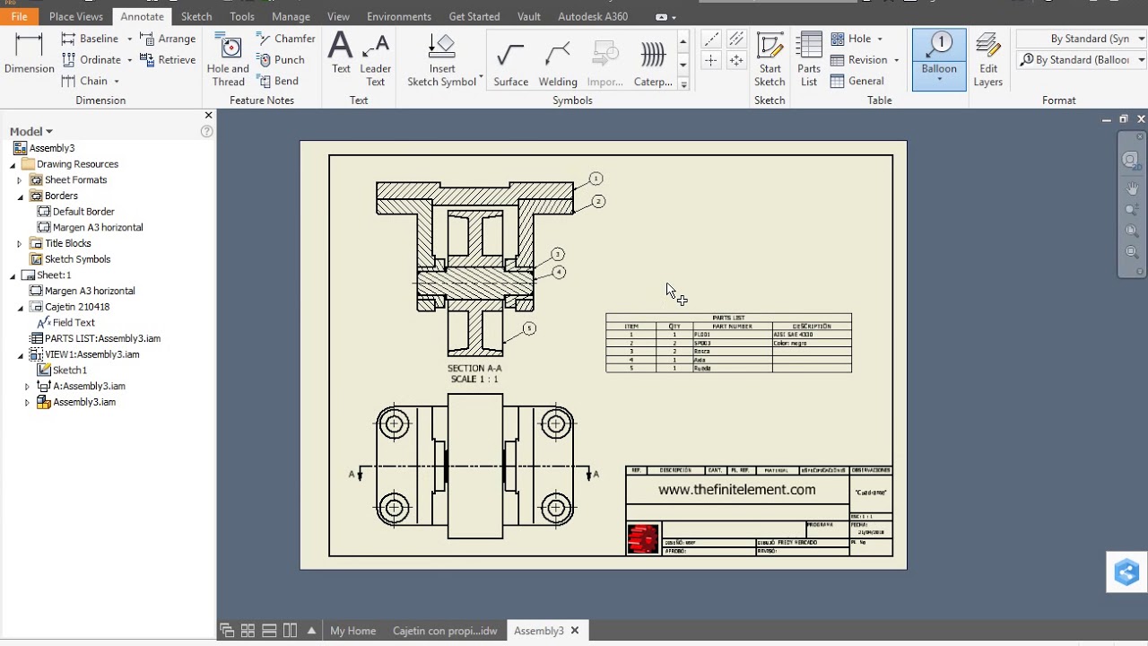 Tutorial Inventor 2017: lista automática de piezas de ensamble y vista seccionada