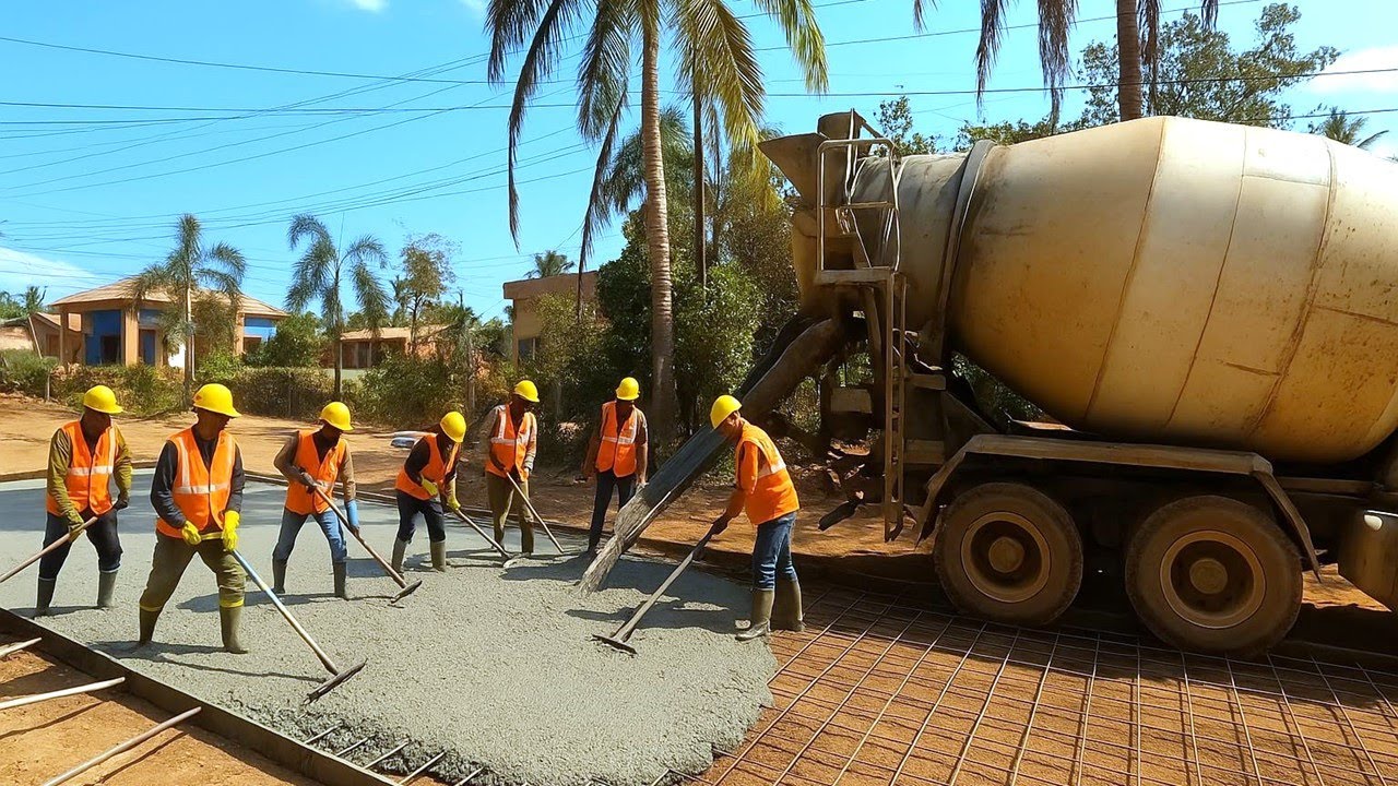 Concrete Road Construction in Village | Step-by-Step Process with Machinery & Workers