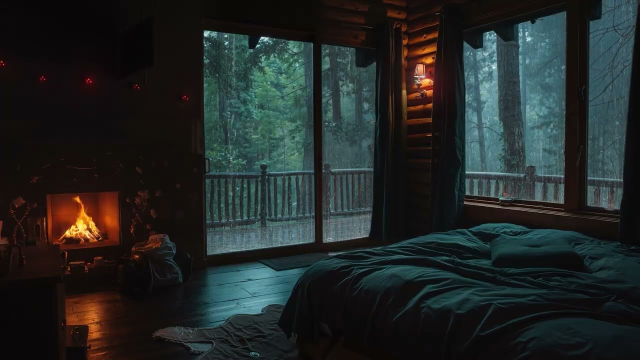 Staying Warm While the Rain Never Stops 🌙 Dark Room, Soft Firelight and Piano