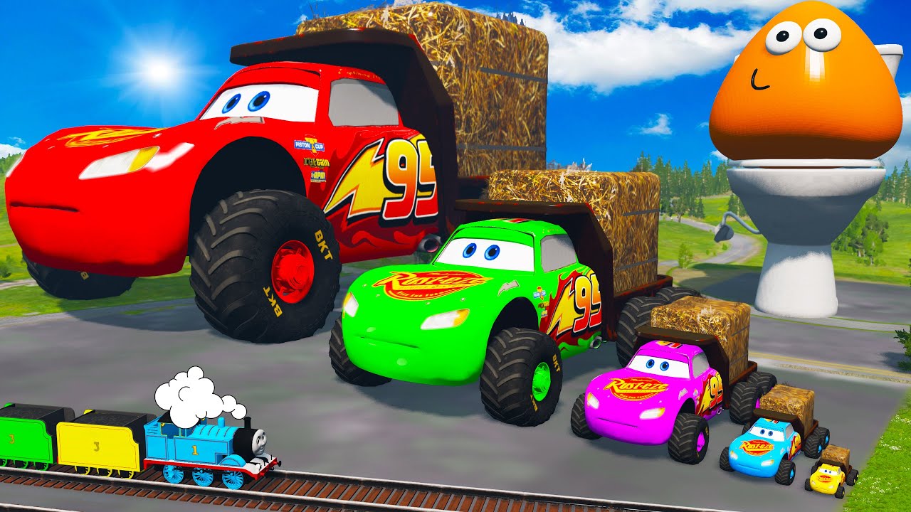 Big & Small McQueen Truck with Straw Bale VS Train - Long Cars vs Deep Lava | BeamNG.Drive