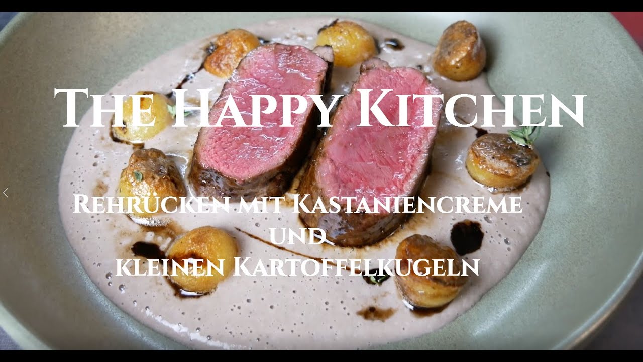 Rehrücken in der Pfanne gebraten mit Kastaniencreme und kleinen Kartoffelkugeln
