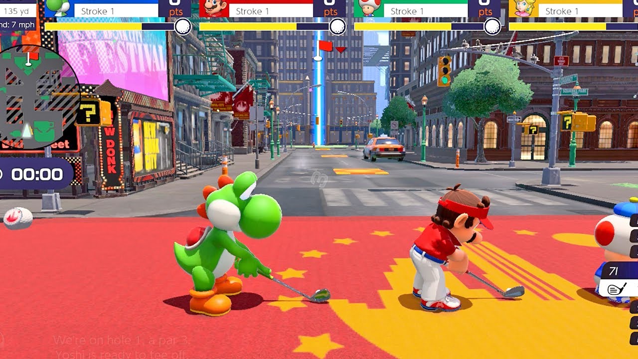 Mario Golf Super Rush - Yoshi vs Mario vs Toad vs Peach  (Speed Golf Gameplay)