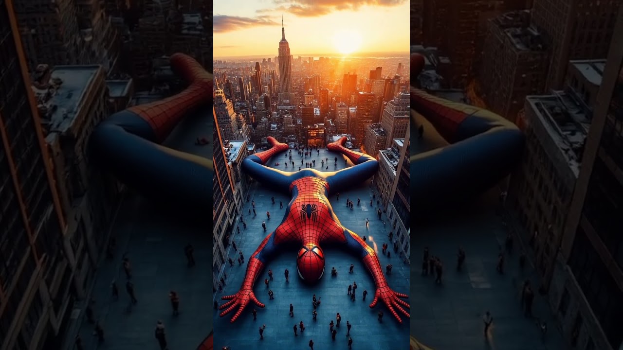 A giant Spider-Man statue in the middle of the city #spiderman #marvel #avengers #ai #gta