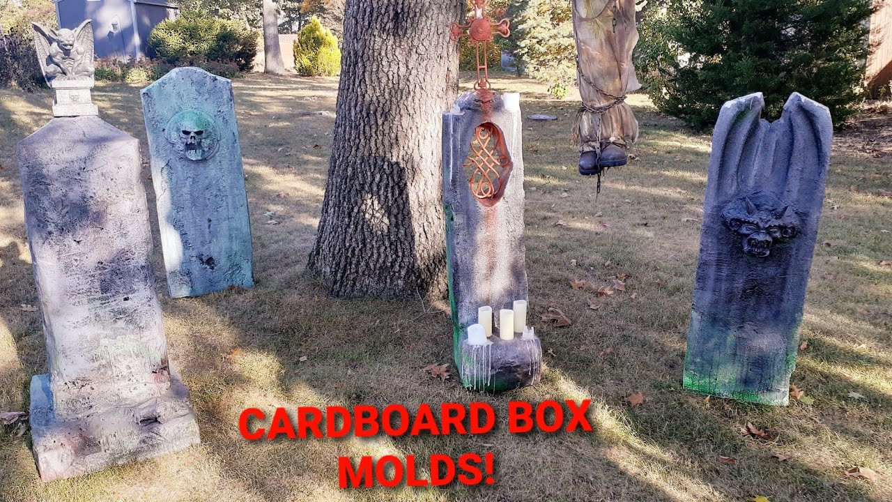 DIY Cardboard Box Mold TOMBSONES! Made With HOME DEPOT fence post FOAM!! #diy