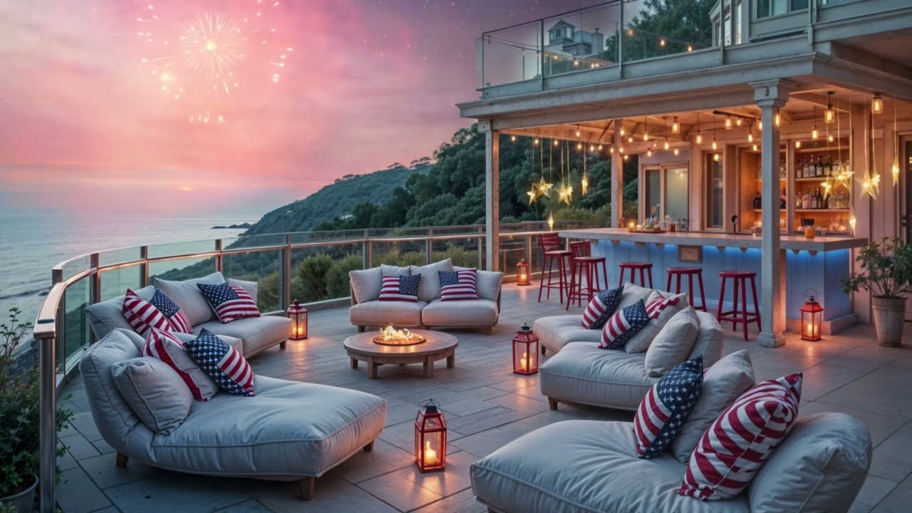 4th of July Ocean Deck Ambience | Fireworks, Crackling Fire Pit & Patriotic Vibes🎆