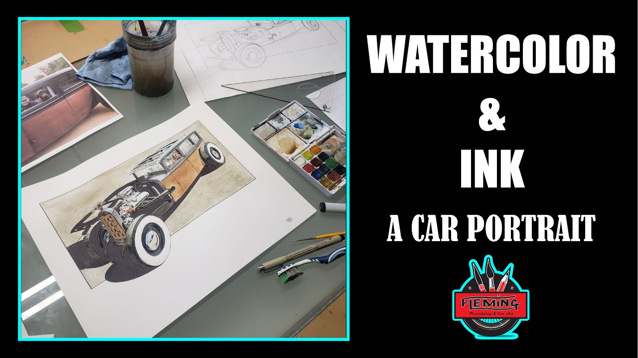 Ink And Watercolor Painting A Portrait Of A Car