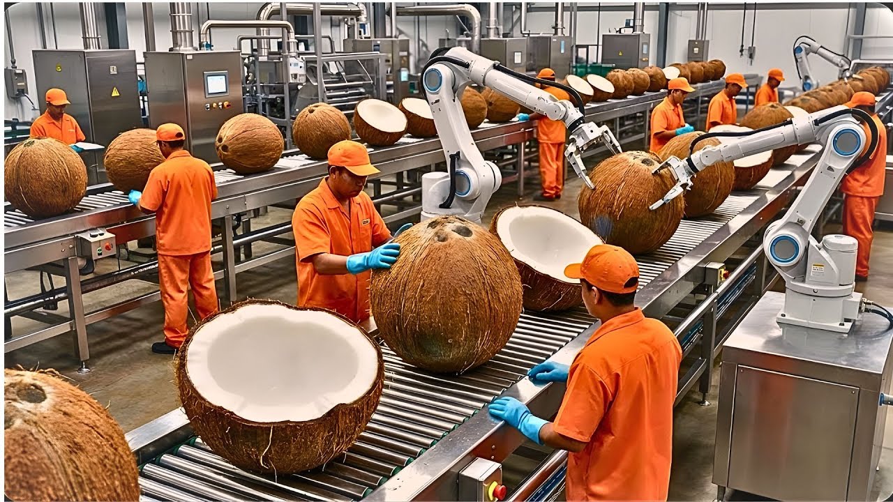 Inside a Modern Coconut Factory -- From Hard Shell to Creamy Milk Full Process