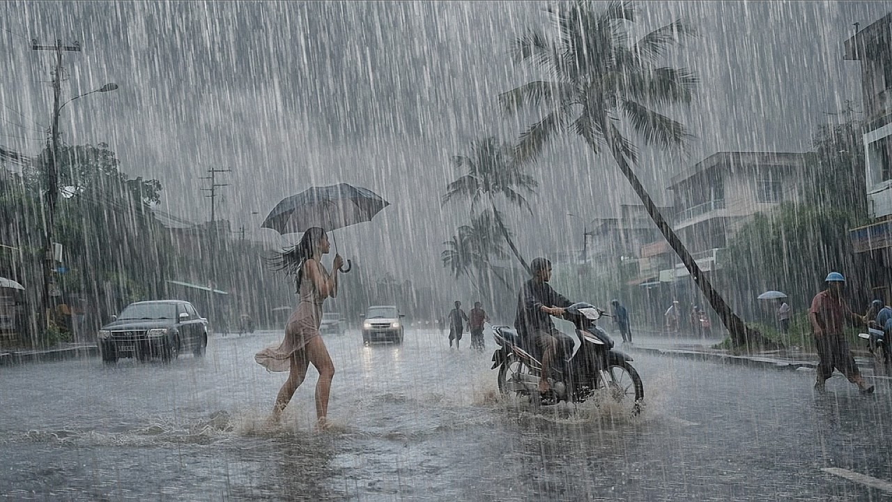 Super Heavy Rain and Thunderstorms Hit Urban Areas in Indonesia During the Day | Walking in Rain