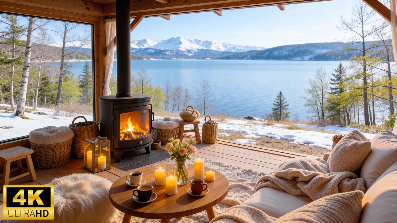 Peaceful Winter Cabin Lakeside ❄ Gentle Piano Music & Crackling Fireplace  to Improve Your Mood