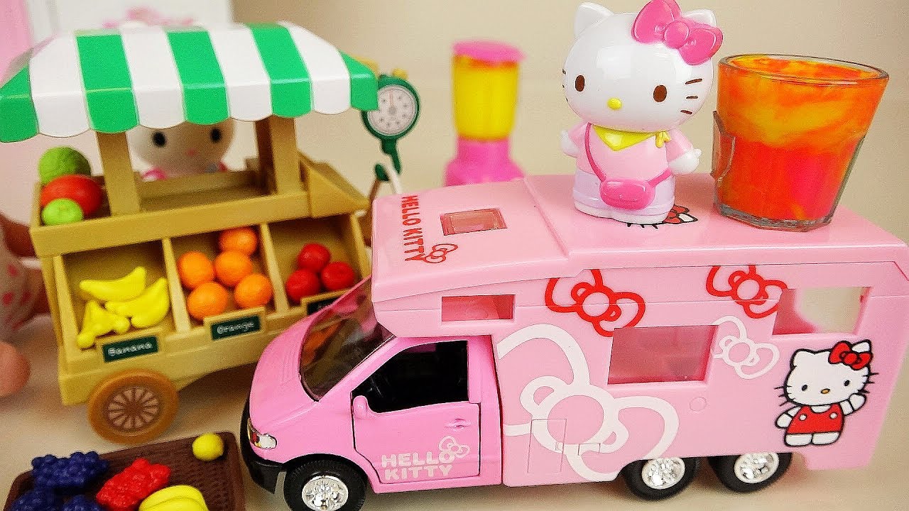 Hello Kitty car and Fruit shop with Baby doll toys play