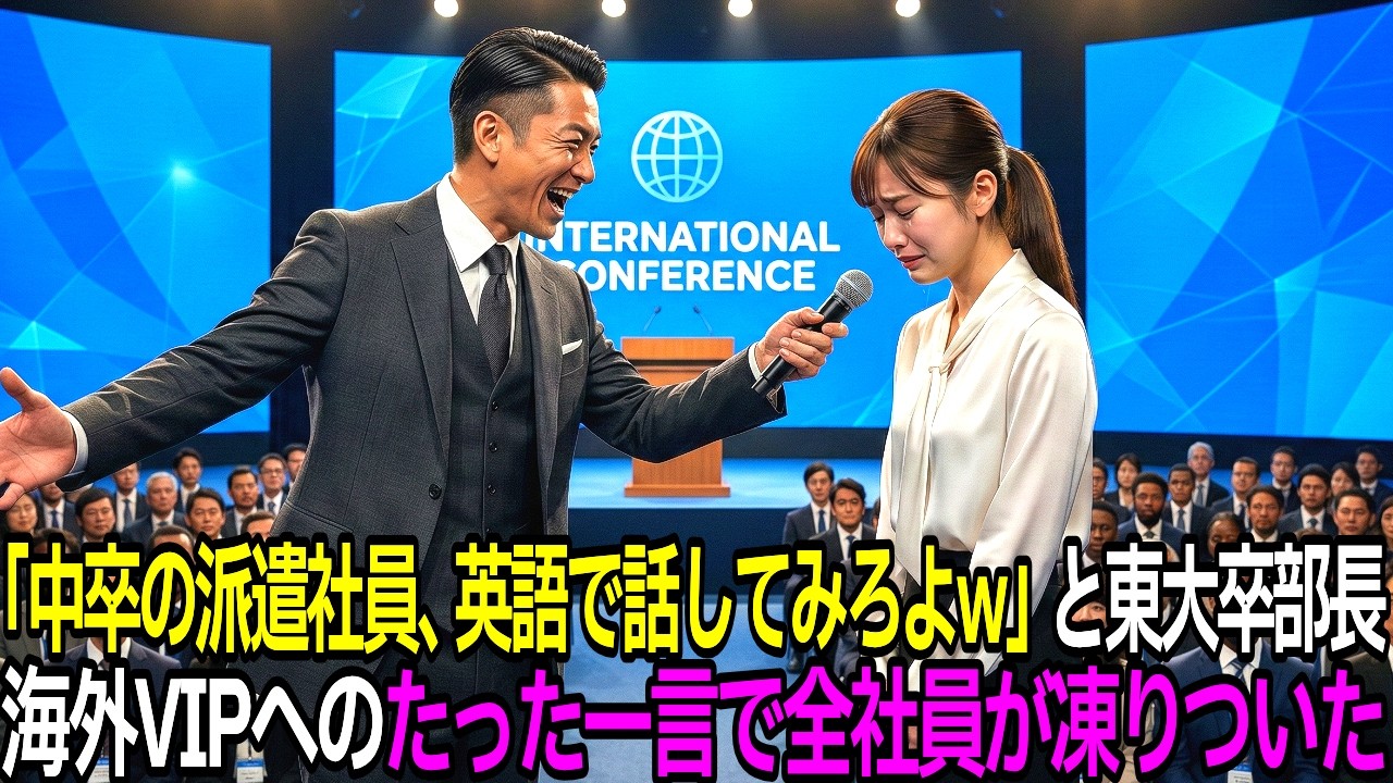「中卒の派遣OL、英語で喋ってみろw」と見下す東大卒の部長。23歳の派遣女性社員が海外VIPに話しかけると、会議室が凍りついた。