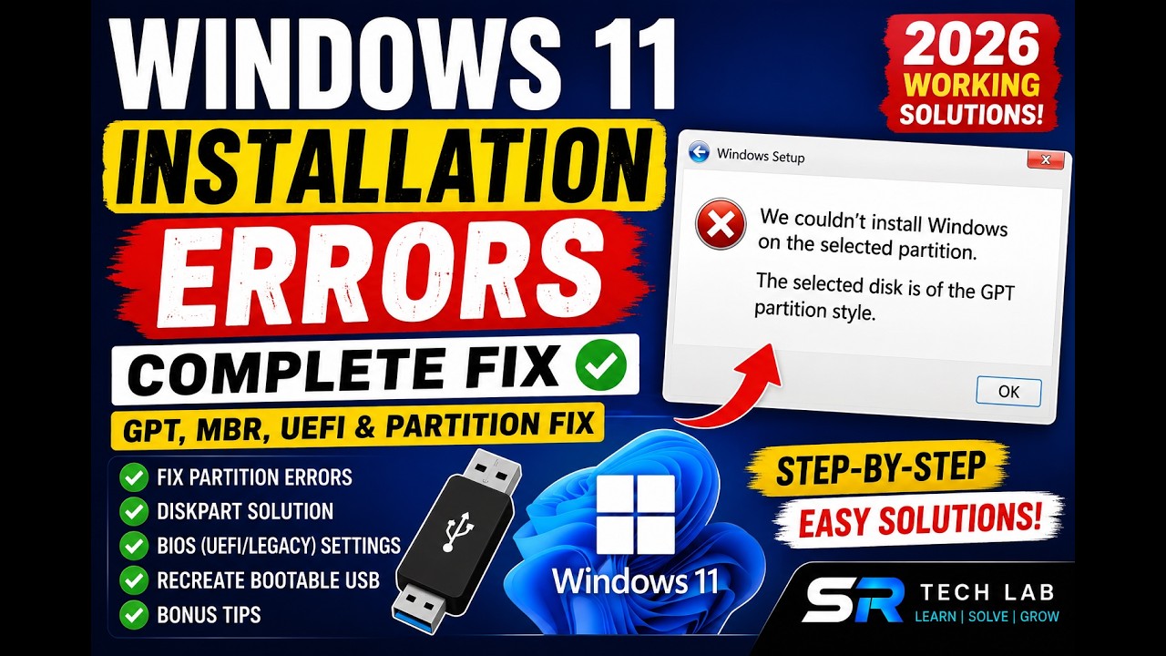 How to Fix Windows 11 Installation Errors | GPT, MBR, UEFI & Partition Fix (2026)