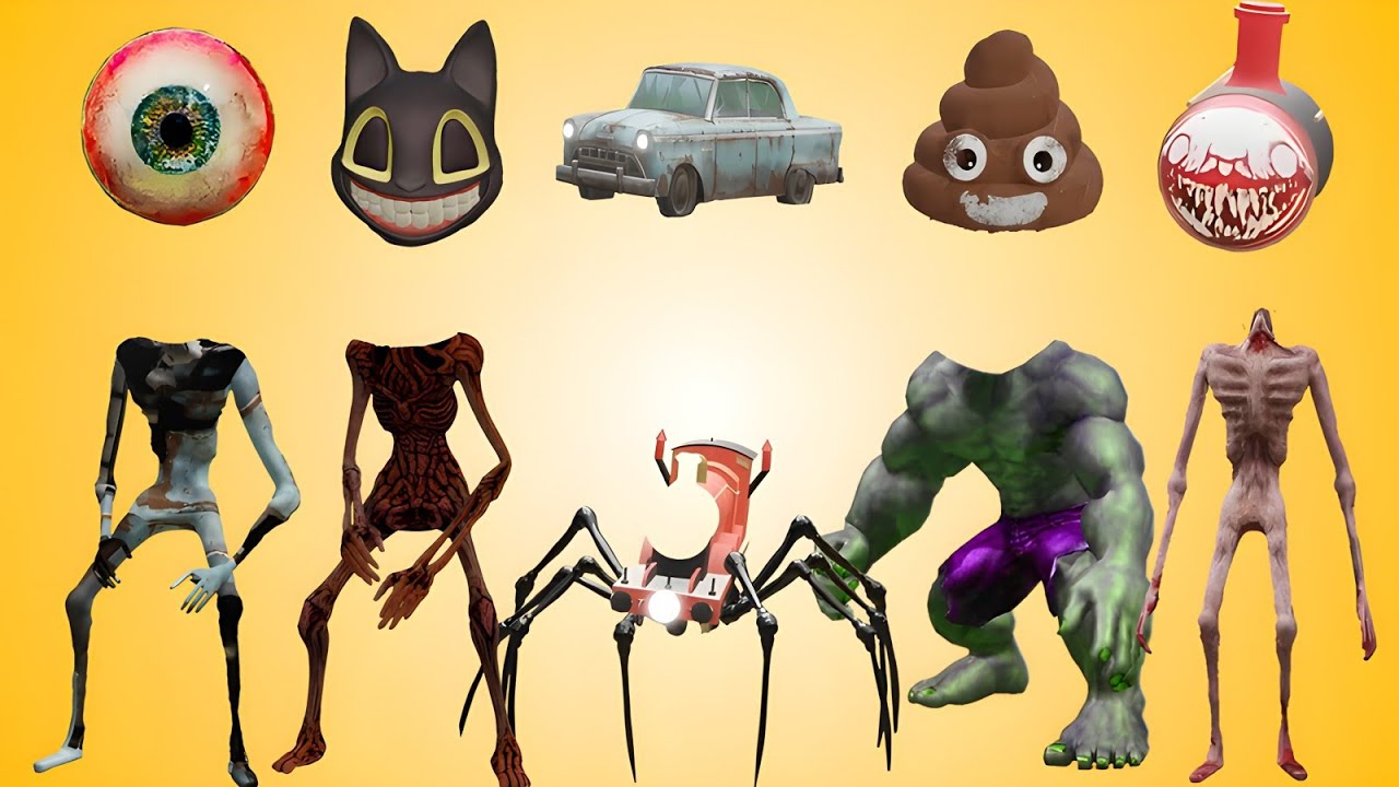 WRONG HEADS SIREN HEAD CAR, CHO CHO CHARLES, CARTOON CAT HULK, SIREN HEAD POOP, SIREN HEAD EYEBALL