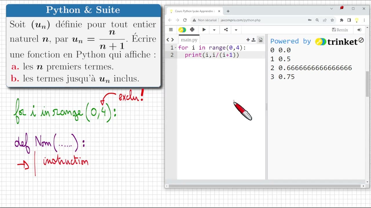 Python & suite ♦ Fonction qui affiche les n premiers termes ♦ boucle ♦ for i in range() ♦ 1ere spé ♕