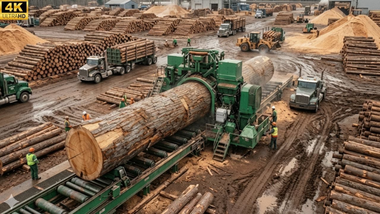 Inside a Wood Processing Factory – Extreme Cutting of Giant Logs