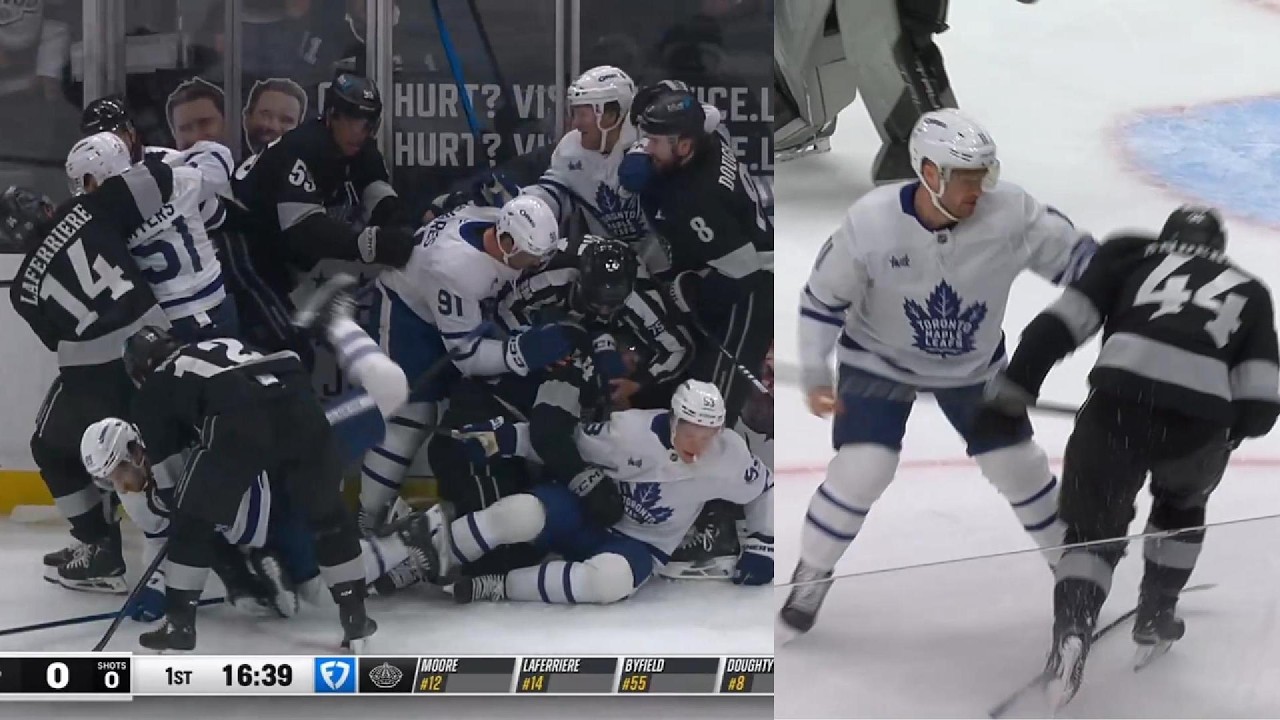 Leafs @ Kings, 4th Apr 2026 - Leaf engage Mikey Anderson after hit on Easton Cowan