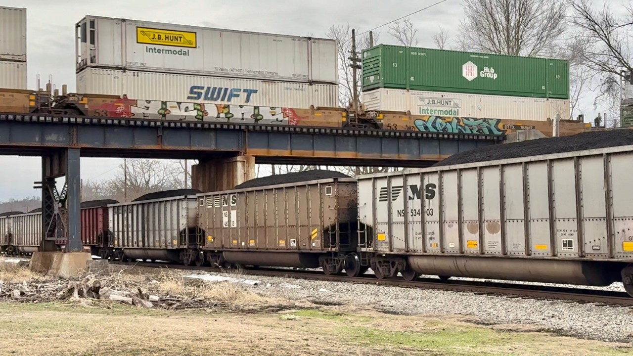 Intermodal Train Flies Over Coal Train Over & Under In Kenova, West Virginia.  Ashland CSX Trains