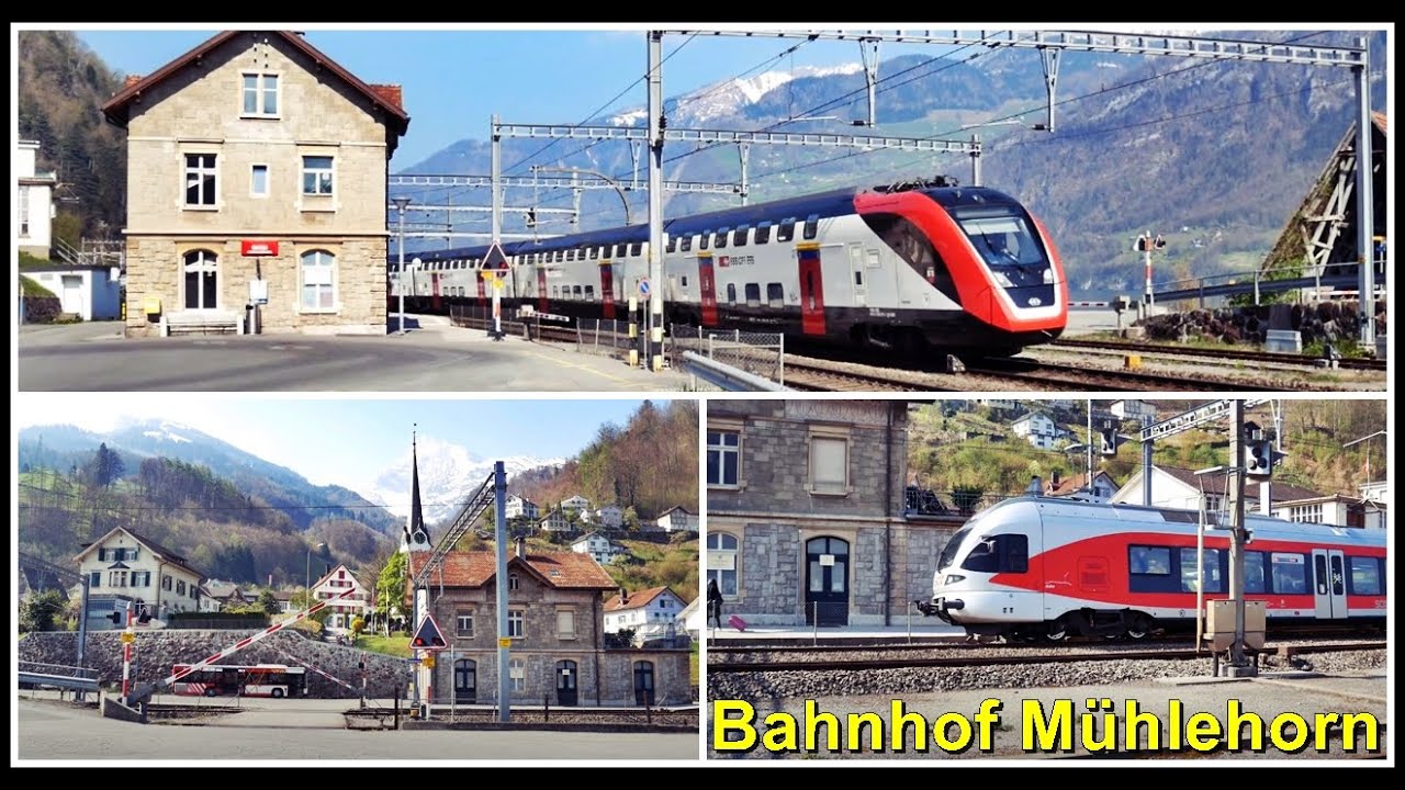 Wunderschön gelegener Bahnhof Mühlehorn mit Bahnübergang beim Walensee, Kantons Glarus, Schweiz 2021
