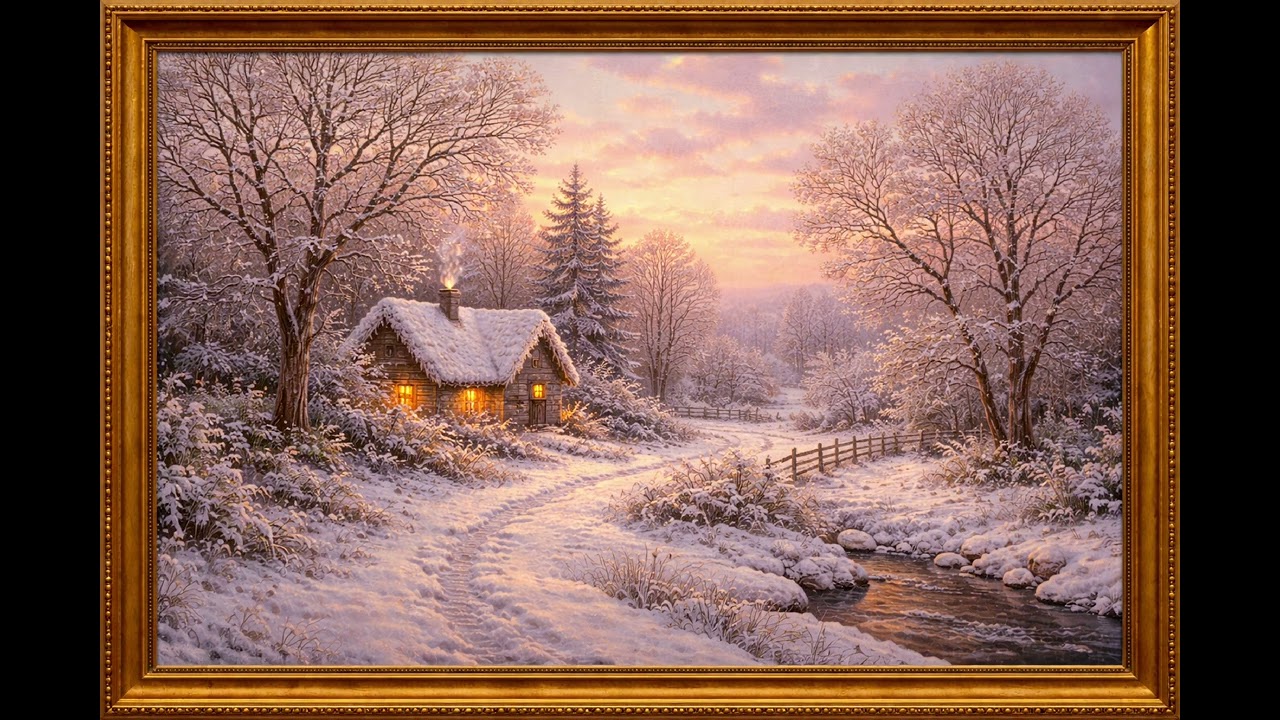 Winter Cottage in the Snow | 4K Framed Art Screensaver | 2 Hours Silent Painting Display for Your TV