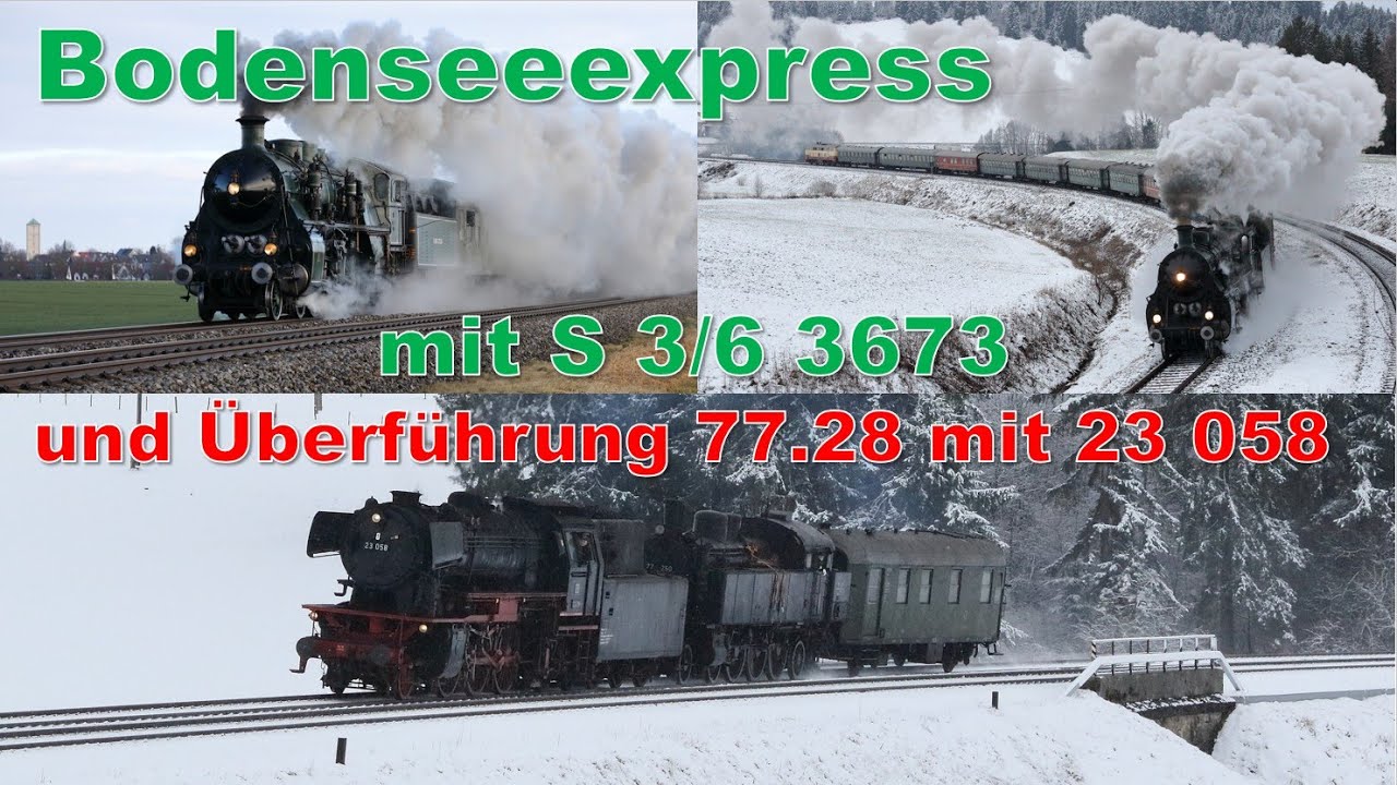 Bodenseeexpress mit S 3/6 3673 und Überführung 77.28 mit 23 058 am 25.02.2023