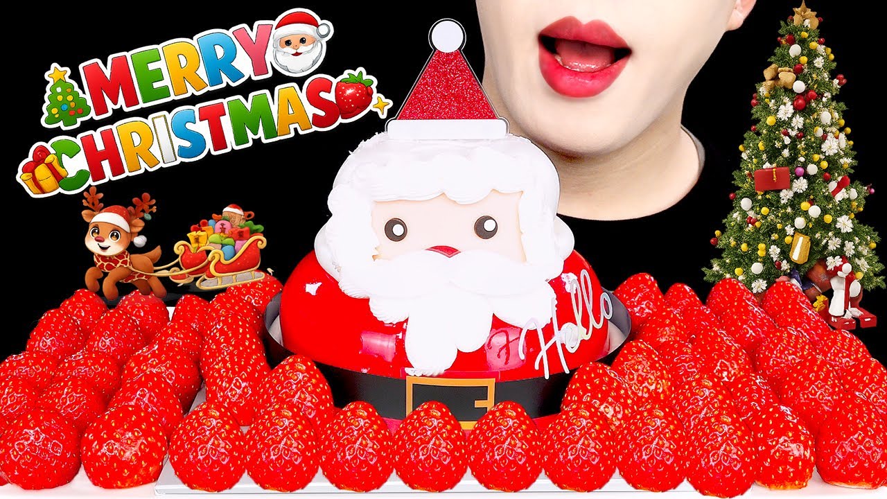 ASMR MUKBANG | 크리스마스 산타 케이크 & 딸기 먹방 SANTA CHRISTMAS CAKE & STRAWBERRY EATING SOUNDS | XENO ASMR 제노
