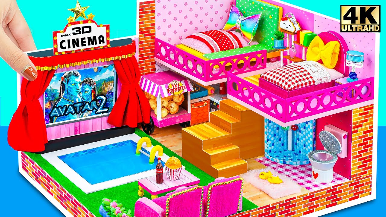 DIY Miniature Cardboard House ❤️ Build 2 Storey Summer Villa with 2 Bedroom, Private Movie Theatre