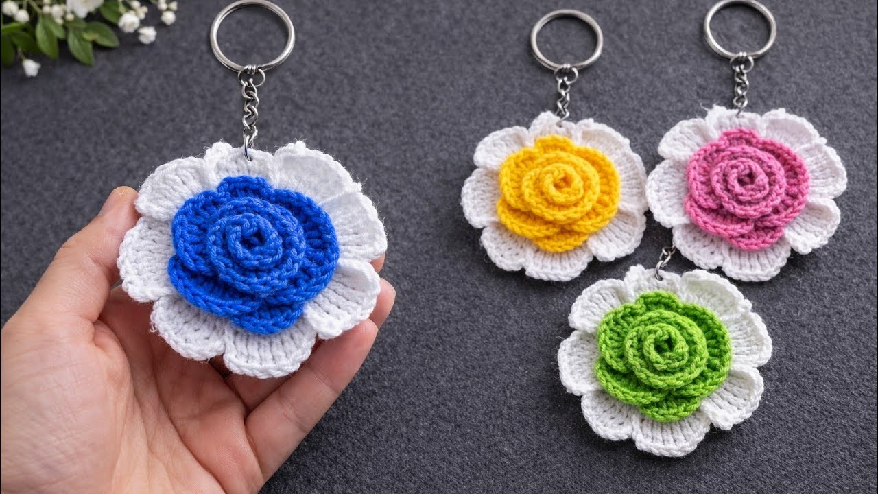 How to Crochet For Beginners. 😱 This Crochet Flower keychain Is Going Viral 🌸💙 3D Flower #crochet 