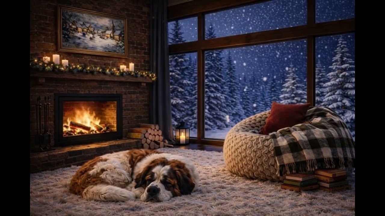 Peaceful Winter Night Fireplace Ambience | Snowfall 🌨️, Warm Fire🔥, Cozy Cabin Sounds (4K)