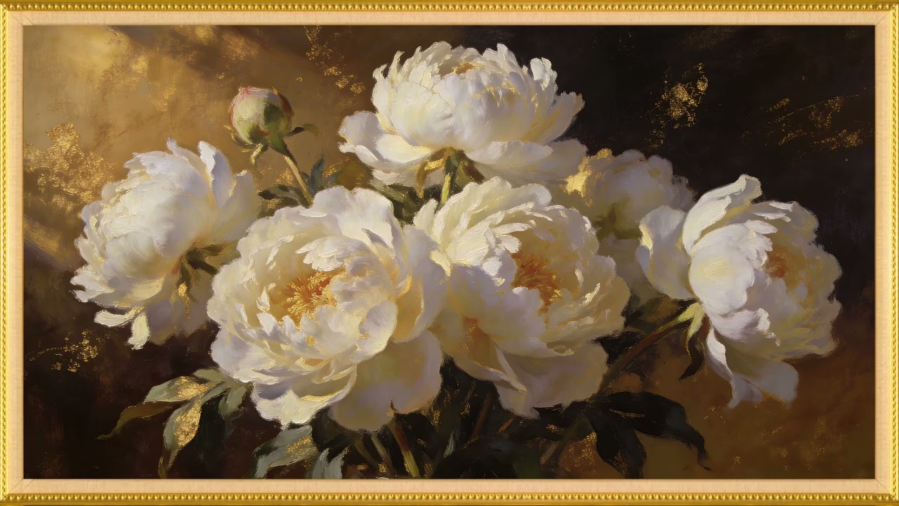 White Peonies Painting | 4K Golden Frame TV Art | Warm Vintage Gallery | 4K Smart TV Art | 2 Hours