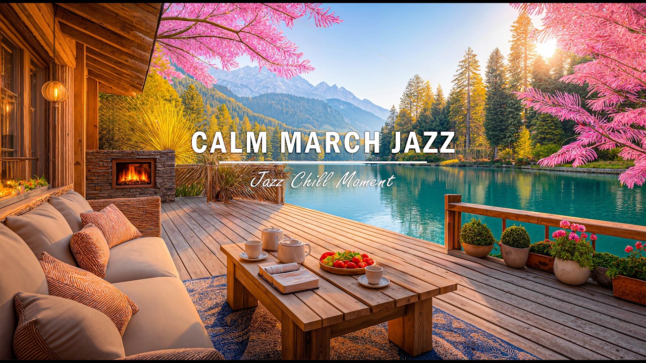 Relaxing Spring Jazz 🌸 Cozy Lakeside Cabin Terrace with Mountain View & Smooth Instrumental Music