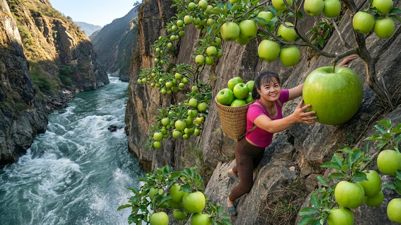 Escalando los Peligrosos Acantilados del Himalaya, Cosechan 100 kg de Manzanas Verdes Raras 🍏