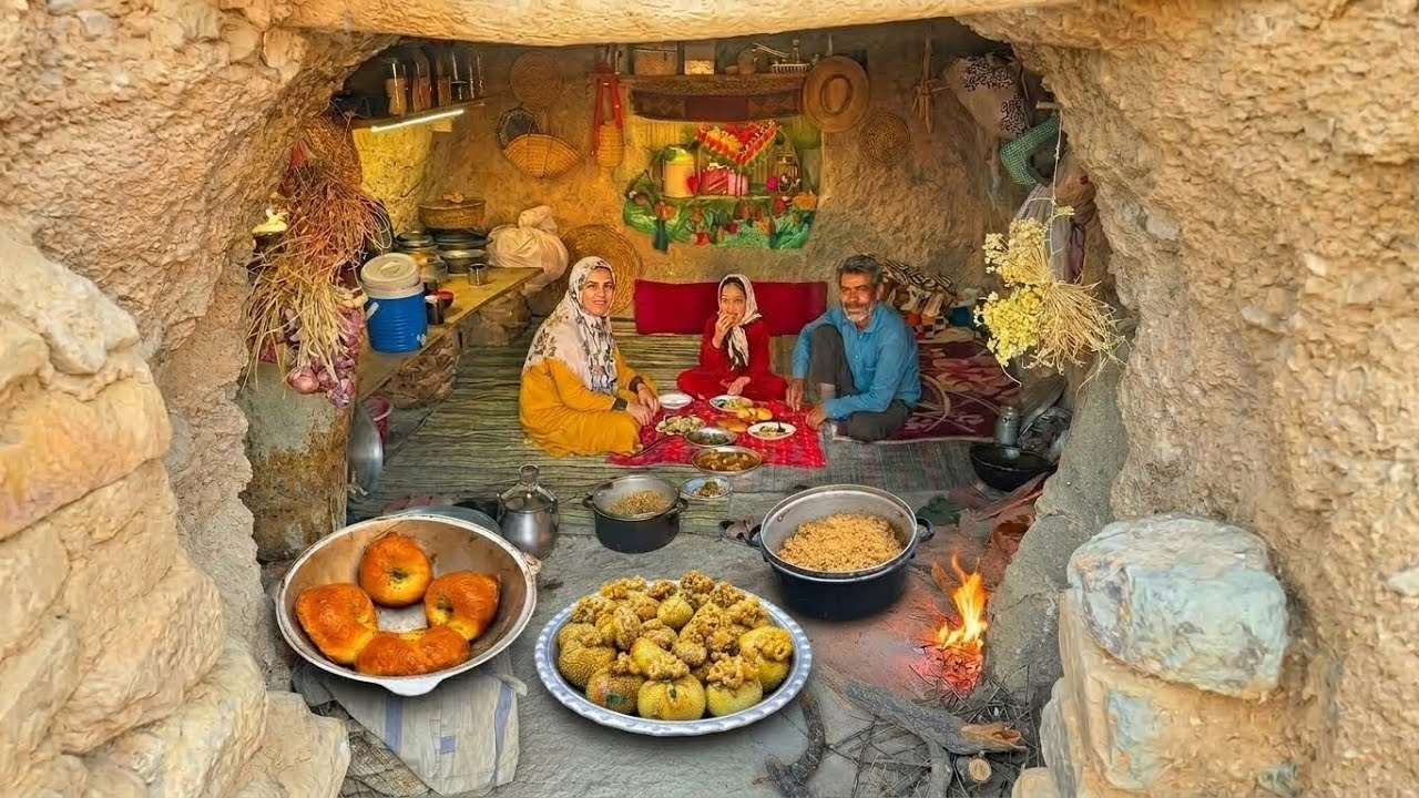 Cave Life & Nomadic Cooking: Baking Bread in Iron Pot & Traditional Stuffed Tripe with Wheat Pilaf🛖