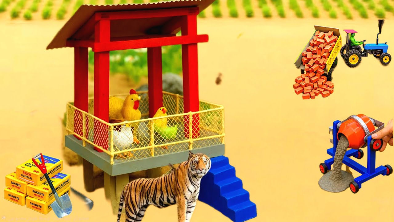 A homemade mini tractor builds a two-story chicken coop on an island after a tiger attack