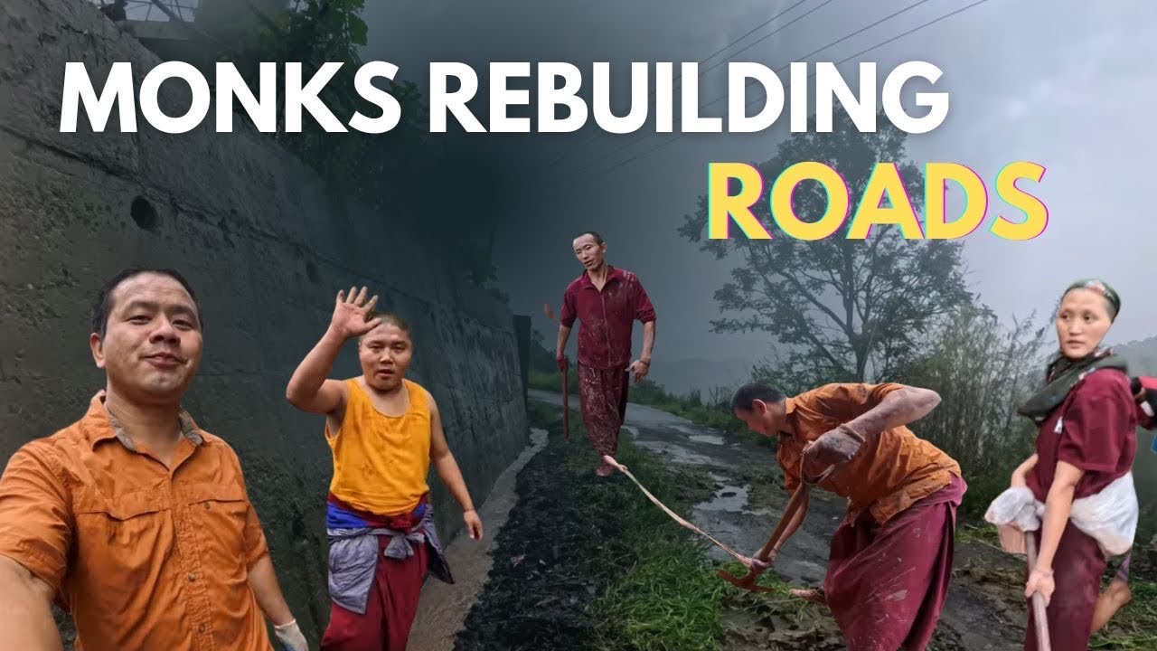 Monks Clean Road After Heavy Rainfall🌧️|ANI GOMPA ROAD BLOCKED RAIN CONTINUE MONK WORK CONTINUE☔️|