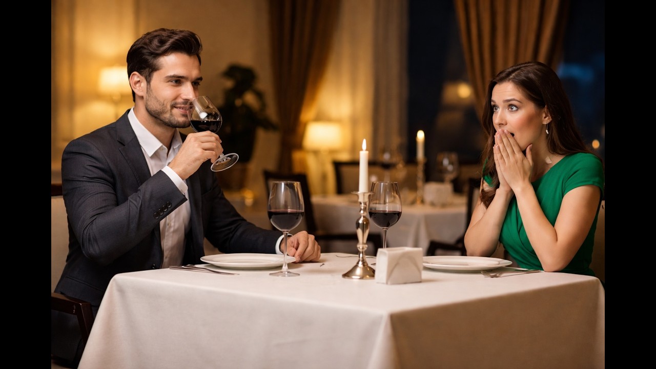 Er nippt an seinem Wein mit stiller Amüsement, während ihr klar wird, dass er das falsche Date ist…