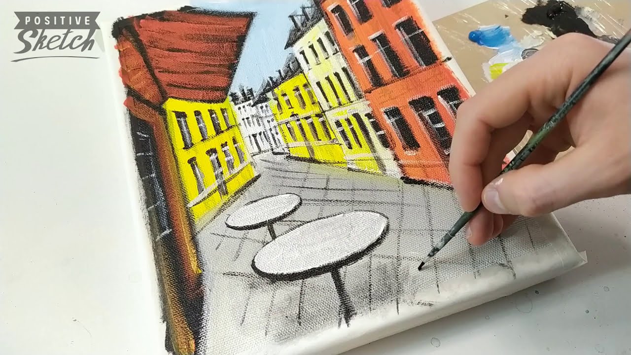 Cityscape, French cafe, Abstract acrylic painting