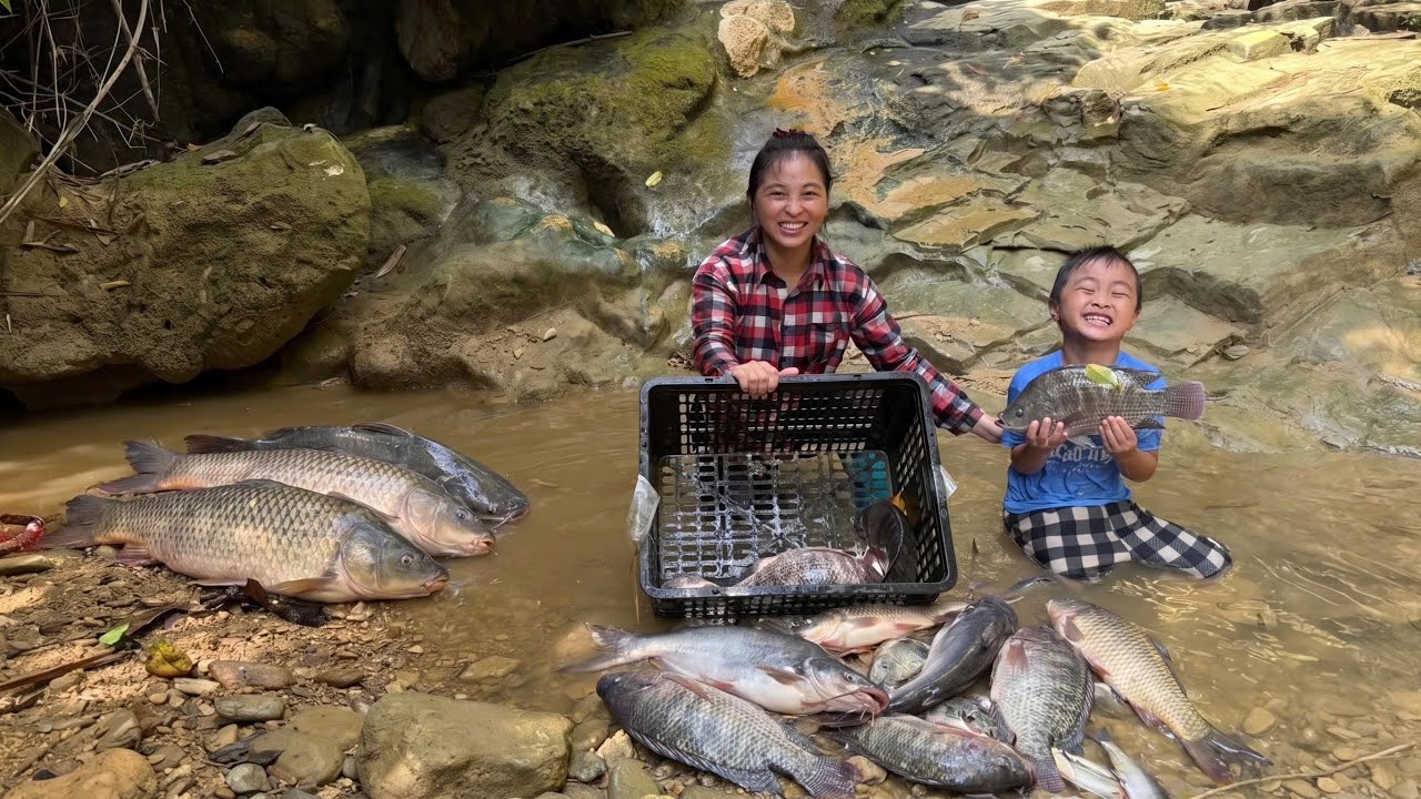 How to catch giant fish in the stream - Linda and the boy were very happy because they caught a lo..