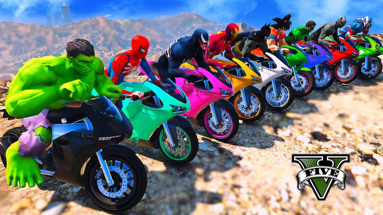 SPIDERMAN ARMY vs TEAM SUPERHEROES MOTORBIKES RACING CHALLENGE on Mountain MEGA RAMP JUMPS - GTA 5