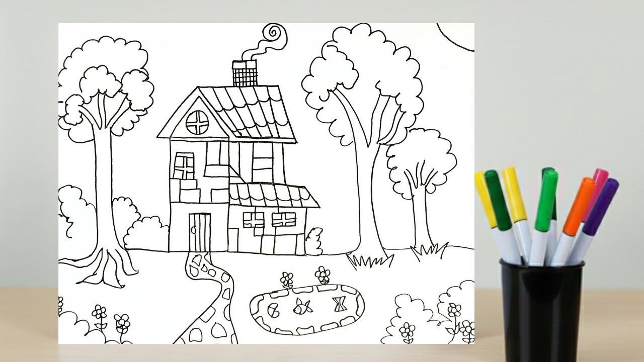 🏠 🌳 Desenhando uma Casa com Árvores Coloridas Desenho Infantil Fácil e Divertido