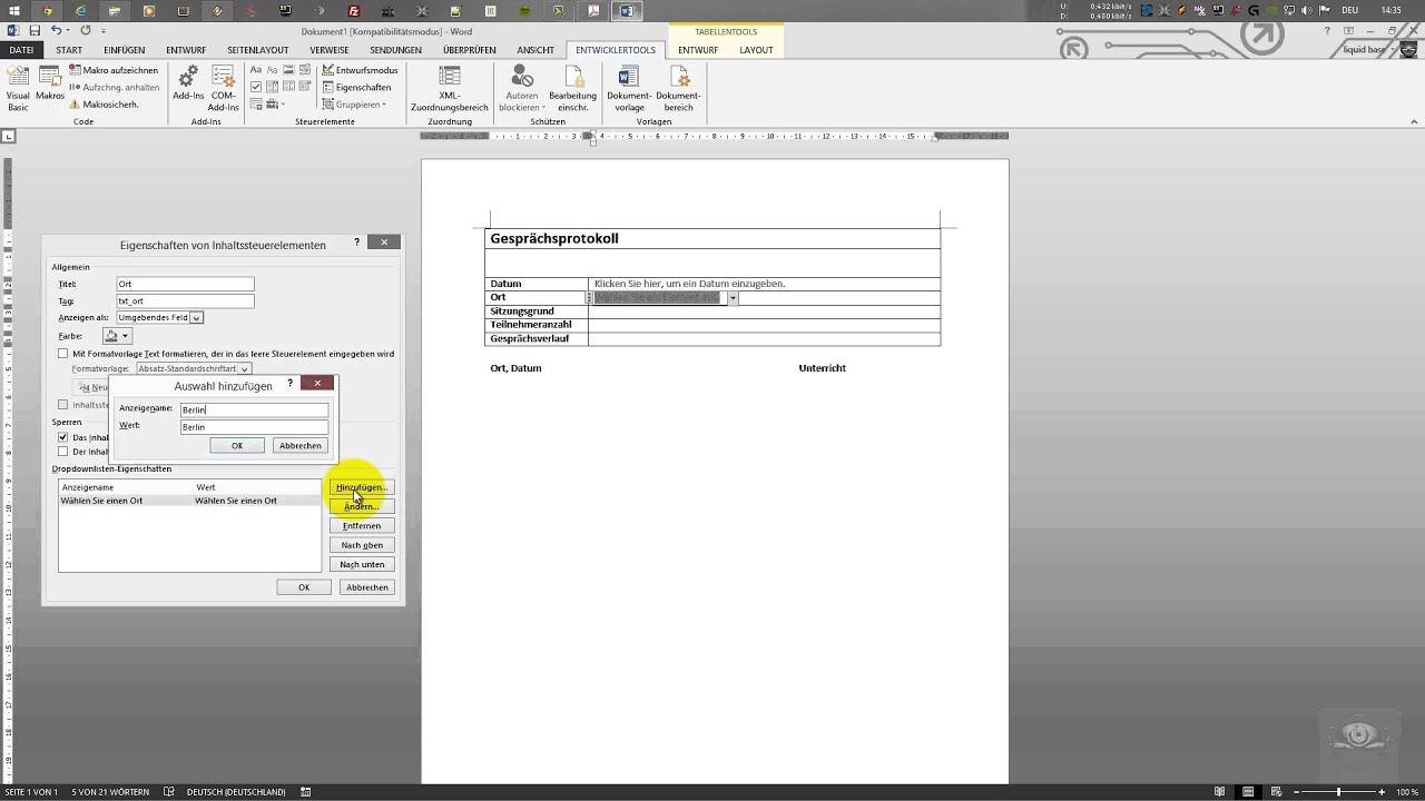 Entwicklertools und Steuerelemente in Word 2010 / 2013
