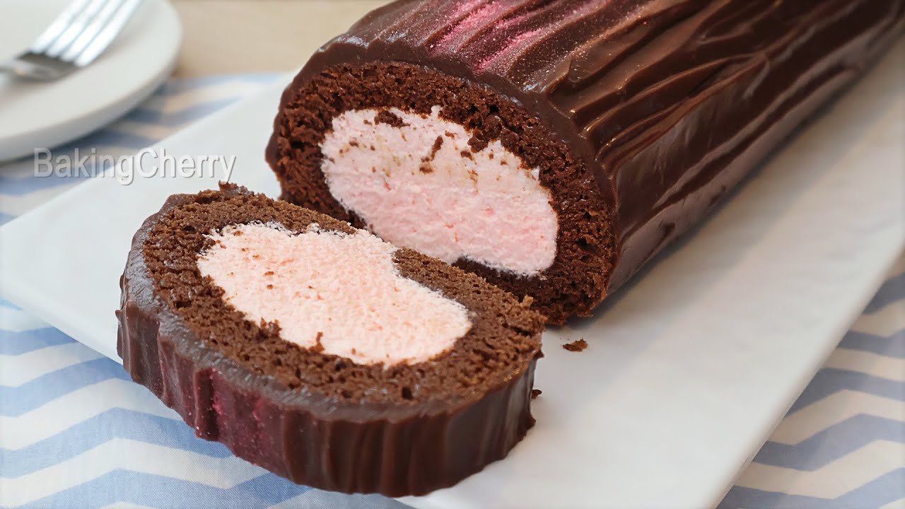 Soft Chocolate Roll Cake Filled with Strawberry Mousse | Dessert Recipe
