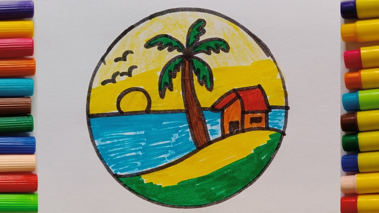 Easy circle ⭕ scenery drawing ।। Beautiful tree House water scenery drawing।। #scenerydrawing  