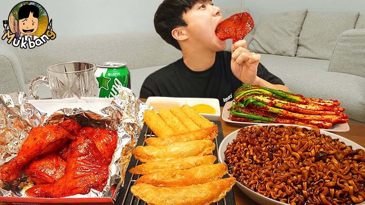 ASMR MUKBANG | Жареный цыпленок, сырная палочка, лапша с черной фасолью, кимчи Корейская еда